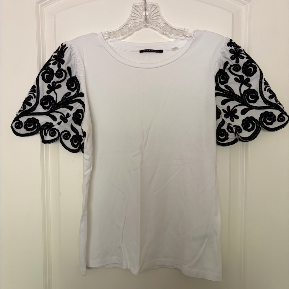 Tahari White Tee with Black Embroidered Flutter Sleeves